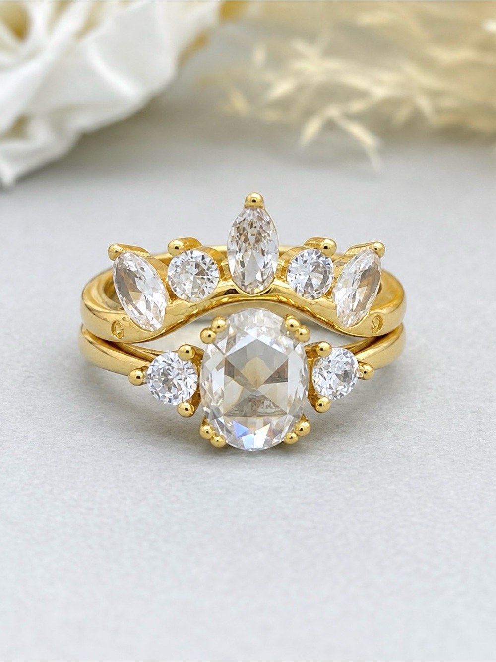 Yellow Gold Oval Rose Cut Moissanite Sterling Silver Stackable CZ Band Ring Set
